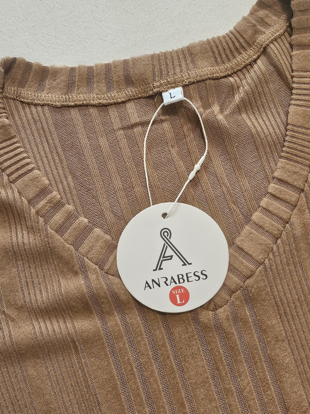 Tan Ribbed V-Neck Long Sleeve Top - Picture 4 of 6